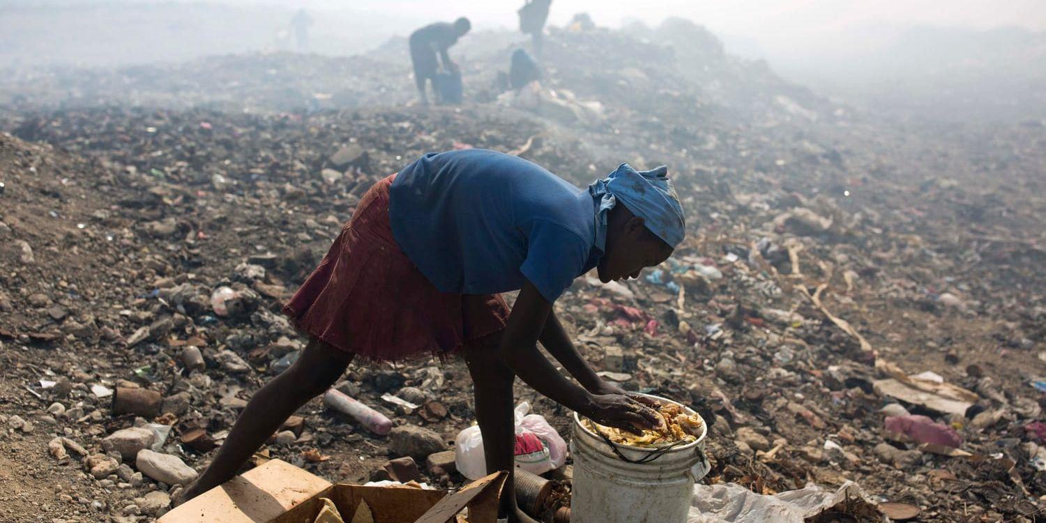 Svår fattigdom får många att försöka lämna Haiti. På bilden människor som genomsöker en soptipp efter mat som kan säljas till grisuppfödare. Arkivbild.