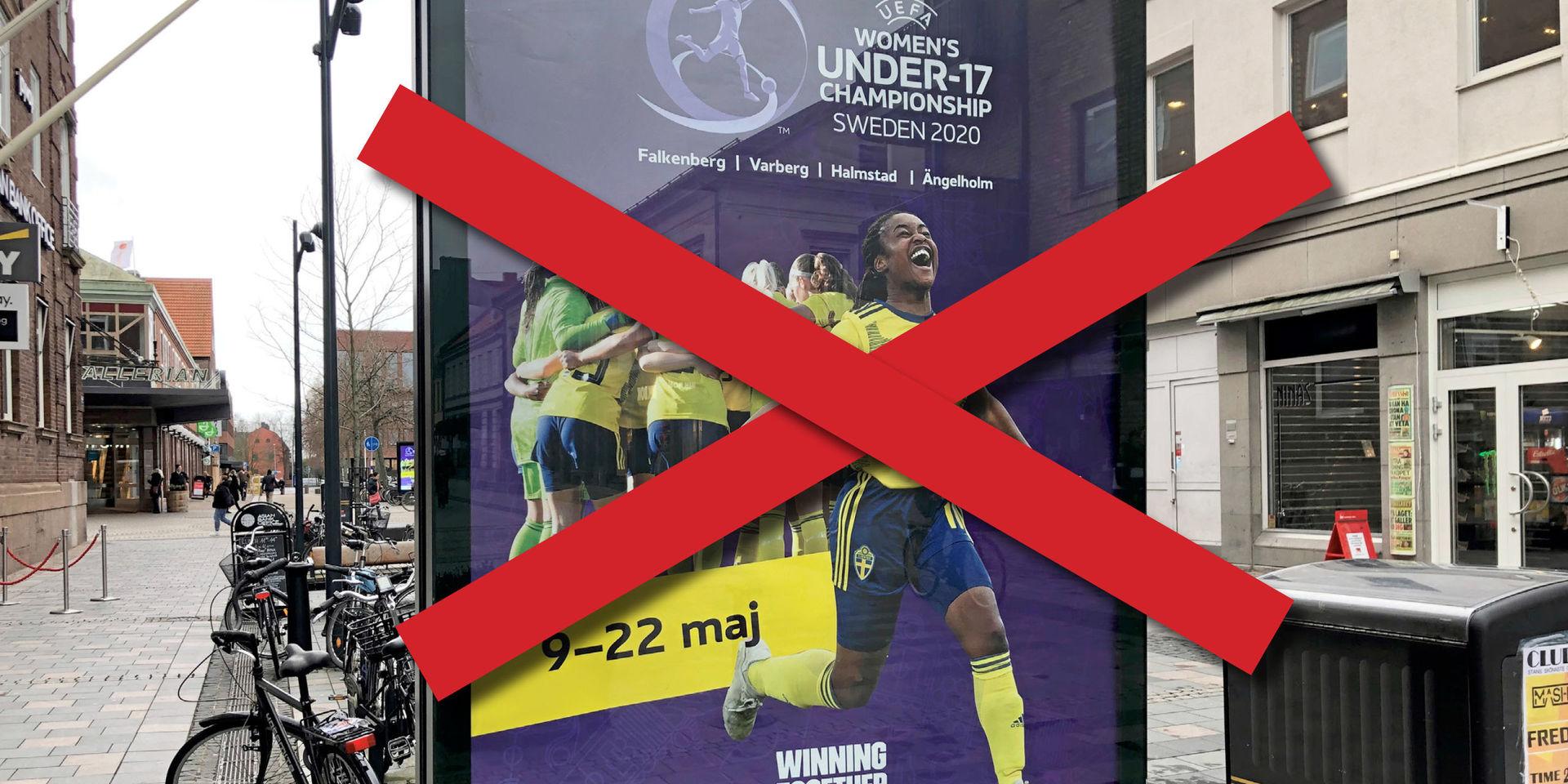 Reklamskyltar för U17-EM i Halland och Skåne i maj sitter redan uppe runt om i Halmstad, som här på Storgatan, men nu är det klart att turneringen skjuts upp i coronavirusets spår.