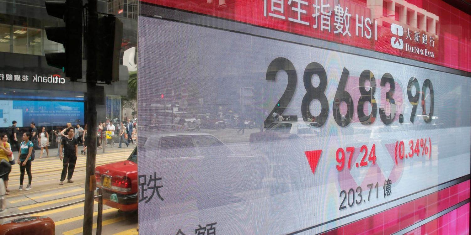 Röda siffror på Hongkongbörsen. Arkivbild.
