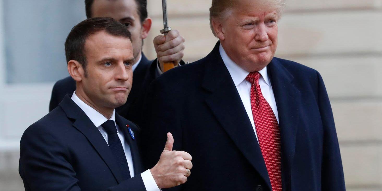 Några dagar efter att han varit den franske presidenten Emmanuel Macrons gäst i Paris avfyrar USA:s president Donald Trump en serie kritiska Twitterinlägg mot sin värd. Bild från helgen, då Trump deltog i minneshögtiderna 100 år efter första världskrigets slut.