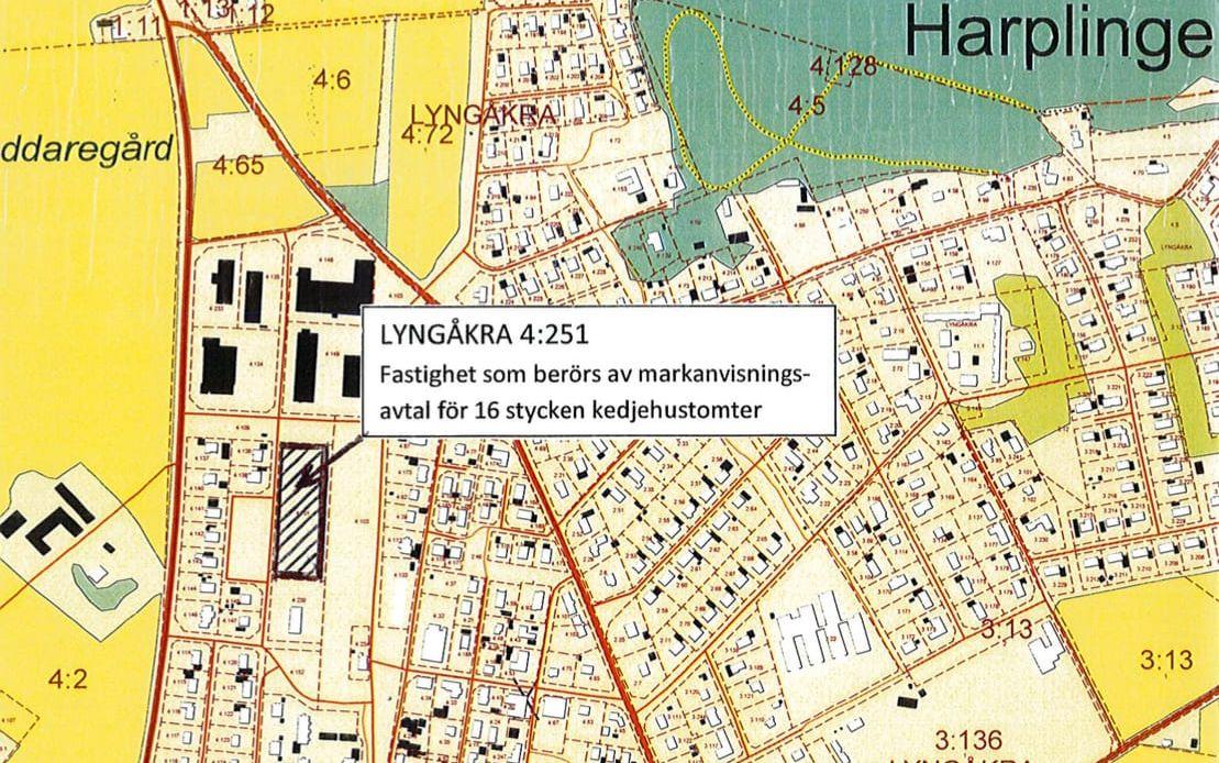 Byggstart 2018? 16 nya kedjehus ska byggas på Föreningsvägen i Harplinge. Bild: Halmstads kommun