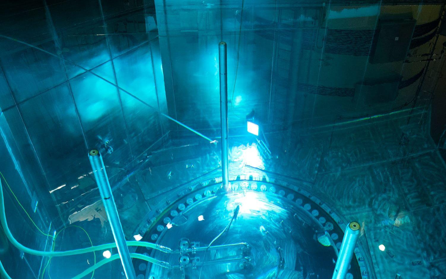 På bilden syns reaktortanklocket tydligt på botten av bassängen.