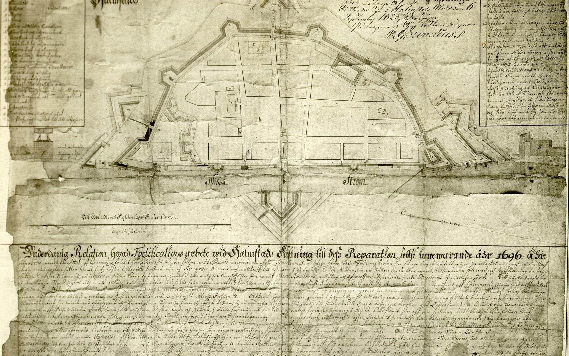 Karta över de befästningar som Christian IV lät bygga i Halmstad – men stadsplanen är dock den nya som kom efter branden 1619.