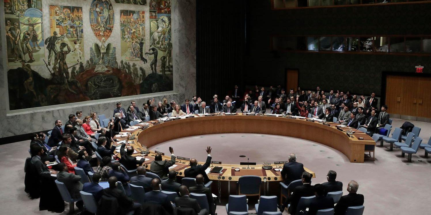 Det hästskoformade bordet i FN:s säkerhetsråd i FN:s högkvarter i New York.