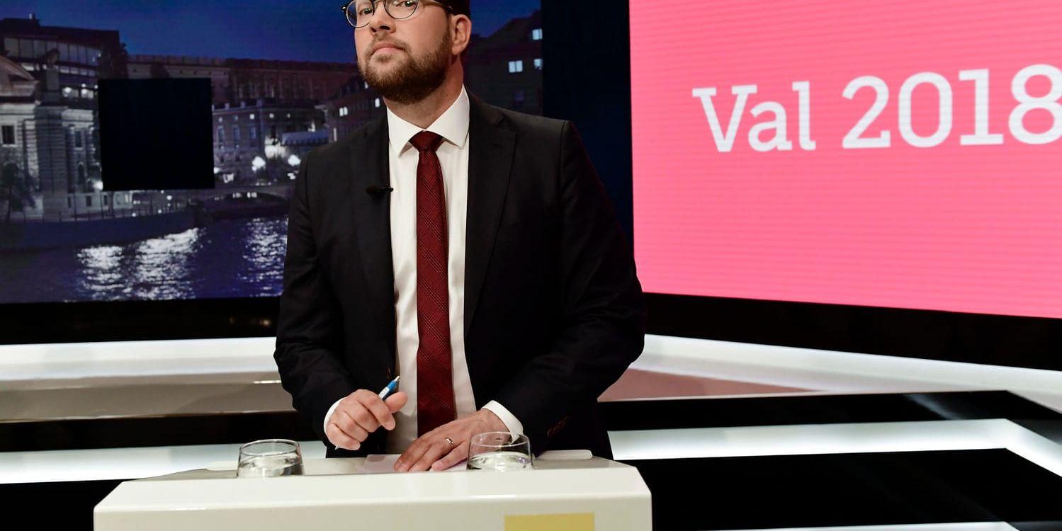 Jimmie Åkesson vid SVT:s partiledardebatt inför valet. Arkivbild.