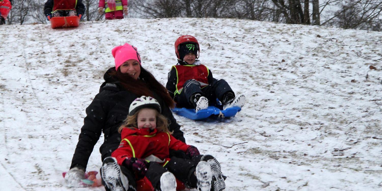 Åkglädje. Smilla Davidsson, fem år, fick upp farten i snön med barnskötaren Linda Åkesson i pulkan.