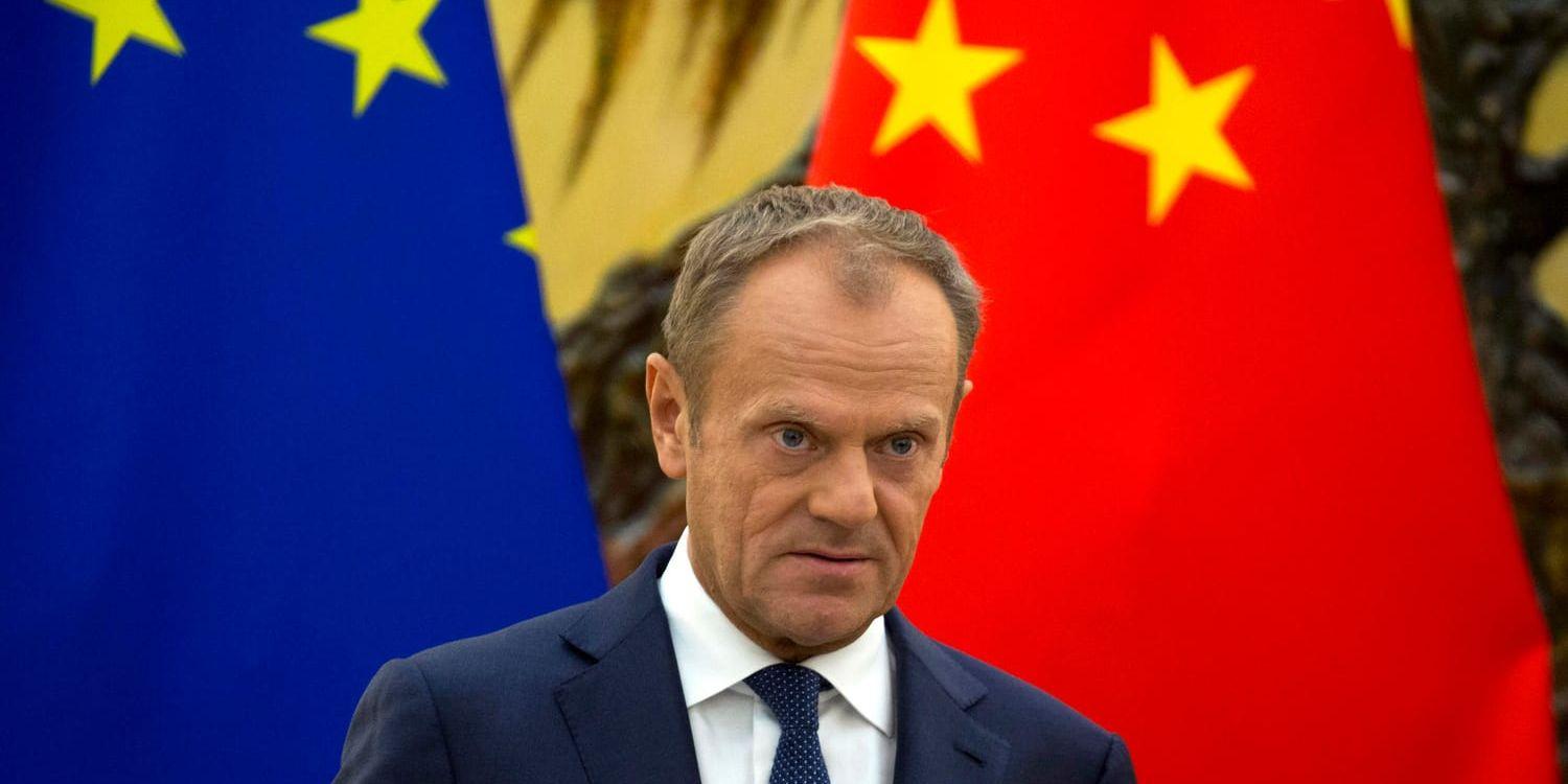 EU:s permanente rådsordförande Donald Tusk vid det årliga toppmötet mellan EU och Kina i Peking.