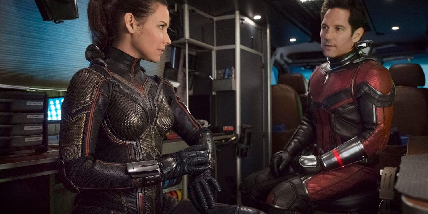 Hope Van Dyne (Evangeline Lily) och Scott Lang (Paul Rudd) är the Wasp och Ant-man. De har fin kemi men det räddar inte filmen, som är en transportsträcka mot vidare Avengers-äventyr. Pressbild.