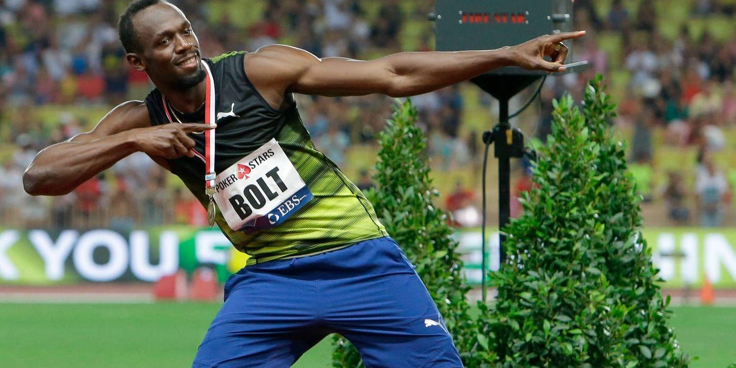 Friidrottslegendaren Usain Bolt spexar på klassiskt vis efter 100-meterssegern vid Diamond League-galan i Monaco.