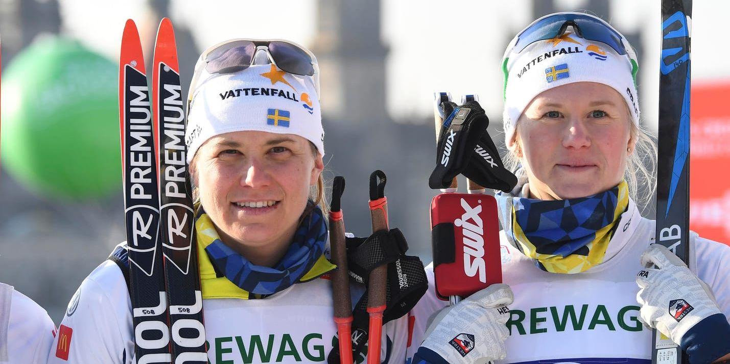 Maja Dahlqvist, till höger, och Ida Ingemarsdotter vann sprintstafetten i Dresden.