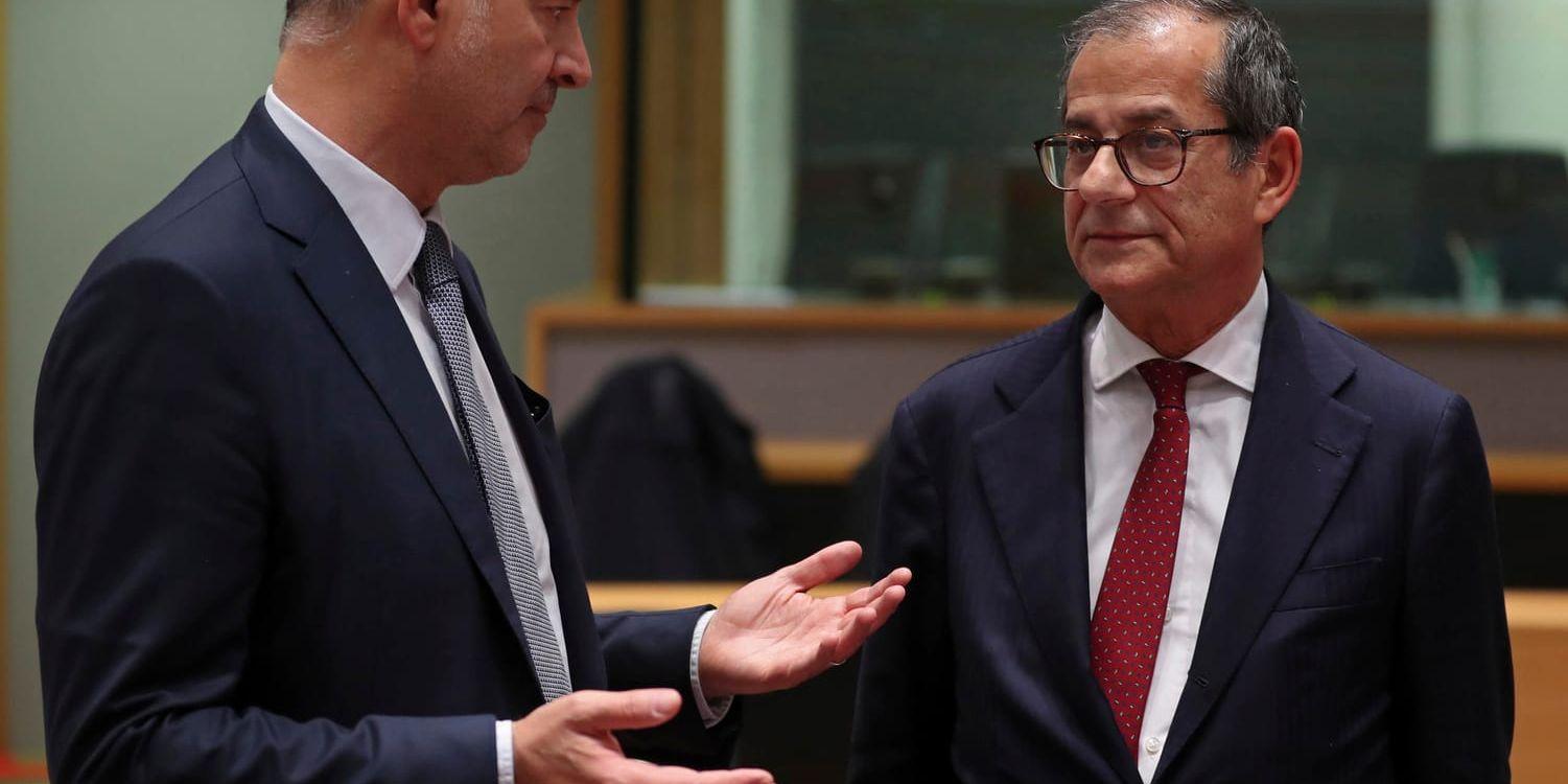 EU:s finanskommissionär Pierre Moscovici och Italiens finansminister Giovanni Tria vid veckans finansministermöte i Bryssel.