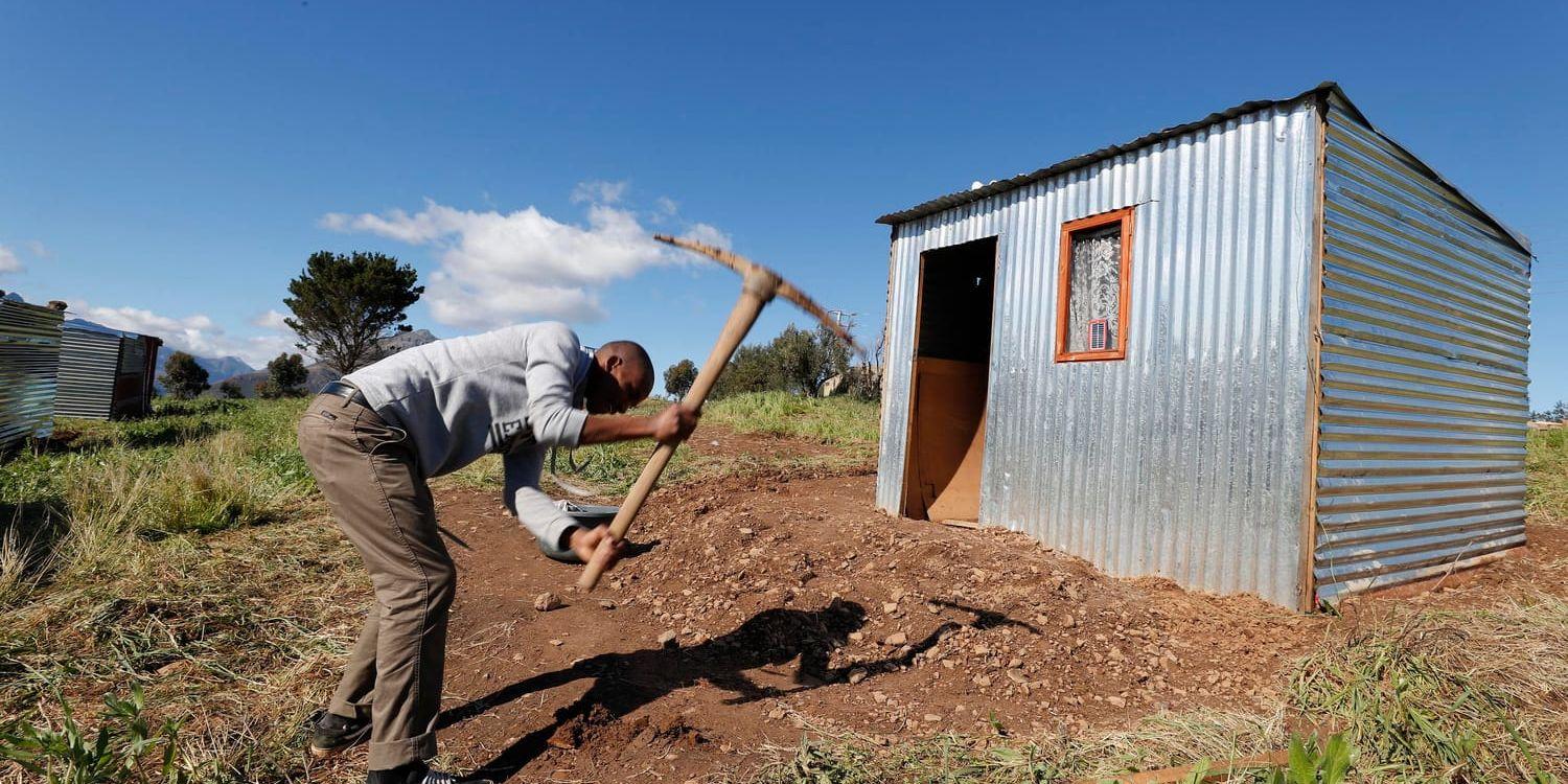 Många sydafrikaner är kritiska till hur långsamt omfördelningen av mark har gått. På bilden syns en sydafrikansk man som olagligt har tagit över mark i Stellenbosch.