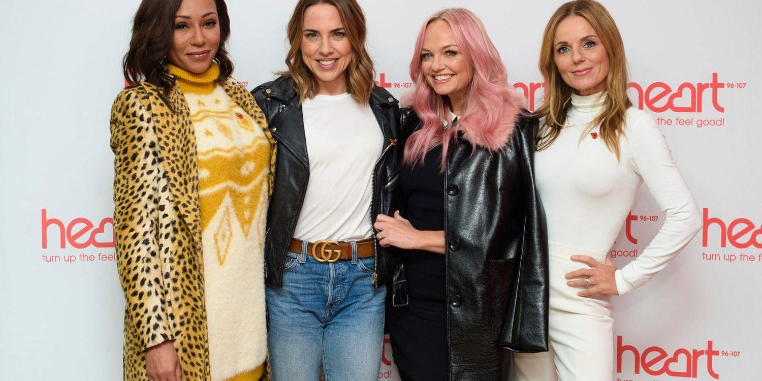 Spice Girls-medlemmarna Melanie "Scary" Brown, Melanie "Sporty" Chisholm, Emma "Baby" Bunton and Geri "Ginger" Horner åker på turné 2019. Arkivbild.