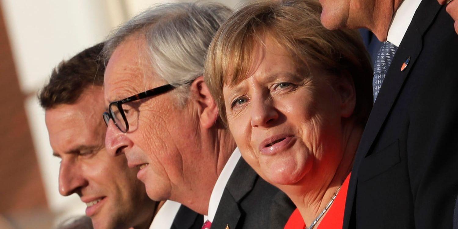Tysklands förbundskansler Angela Merkel och Frankrikes president Emmanuel Macron deltar på minitoppmötet i helgen, som EU-kommissionens ordförande Jean-Claude Juncker bjudit in till. Arkivbild.