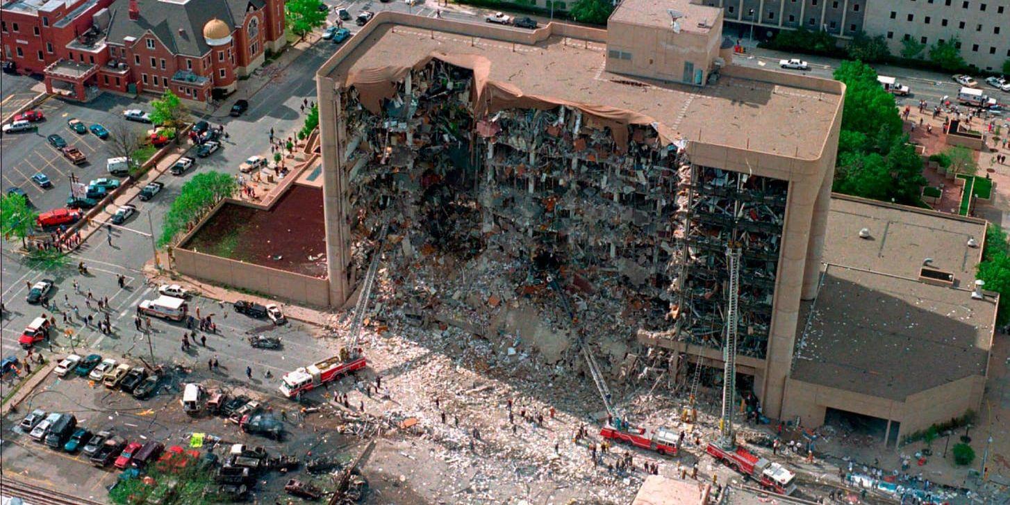 168 personer dog och hundratals skadades vid attacken i Oklahoma City år 1995. Bilden visar norra sidan av den federala byggnaden som sprängdes. Arkivbild.