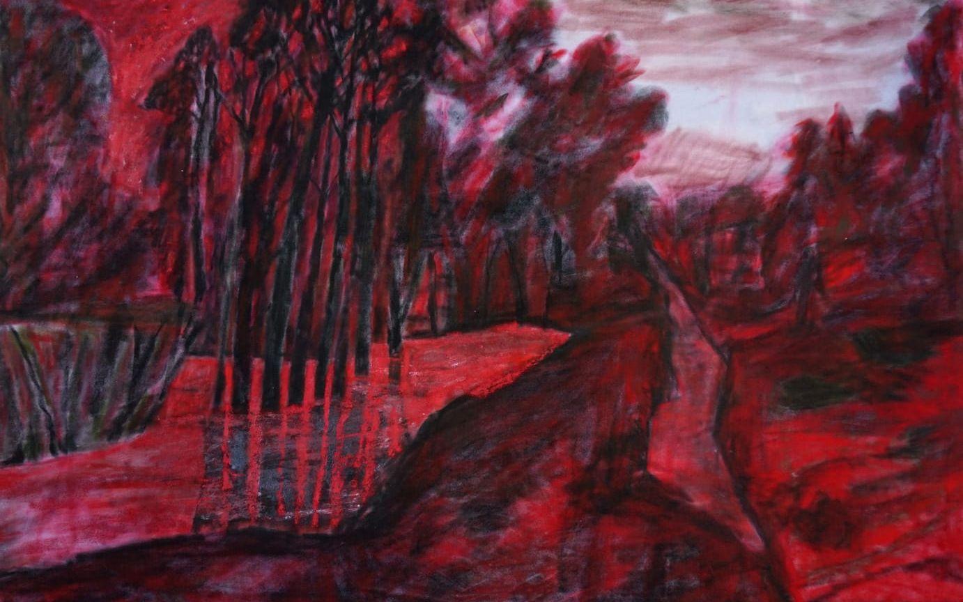 Bilden heter "Landskap i rött". Tommy E Westerling har med några naturmotiv på utställningen. ”Jag har kommit ifrån landskap i min konst under de senaste åren, men nu försöker jag hitta tillbaka”.
