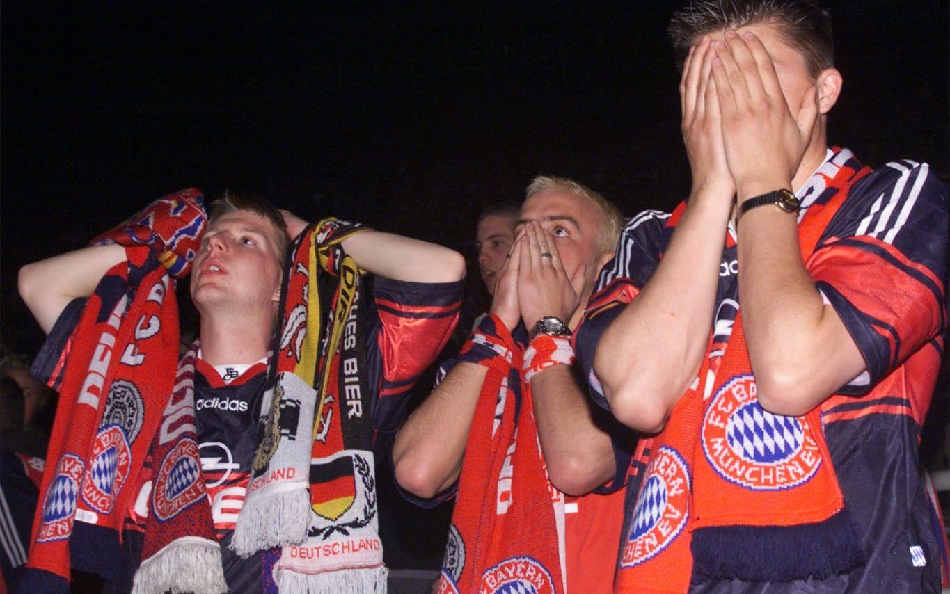 Bayern Münchens supportrar lär aldrig glömma tilläggsminuterna på Nou Camp, som visade att allt kan hända i fotboll. Foto: TT