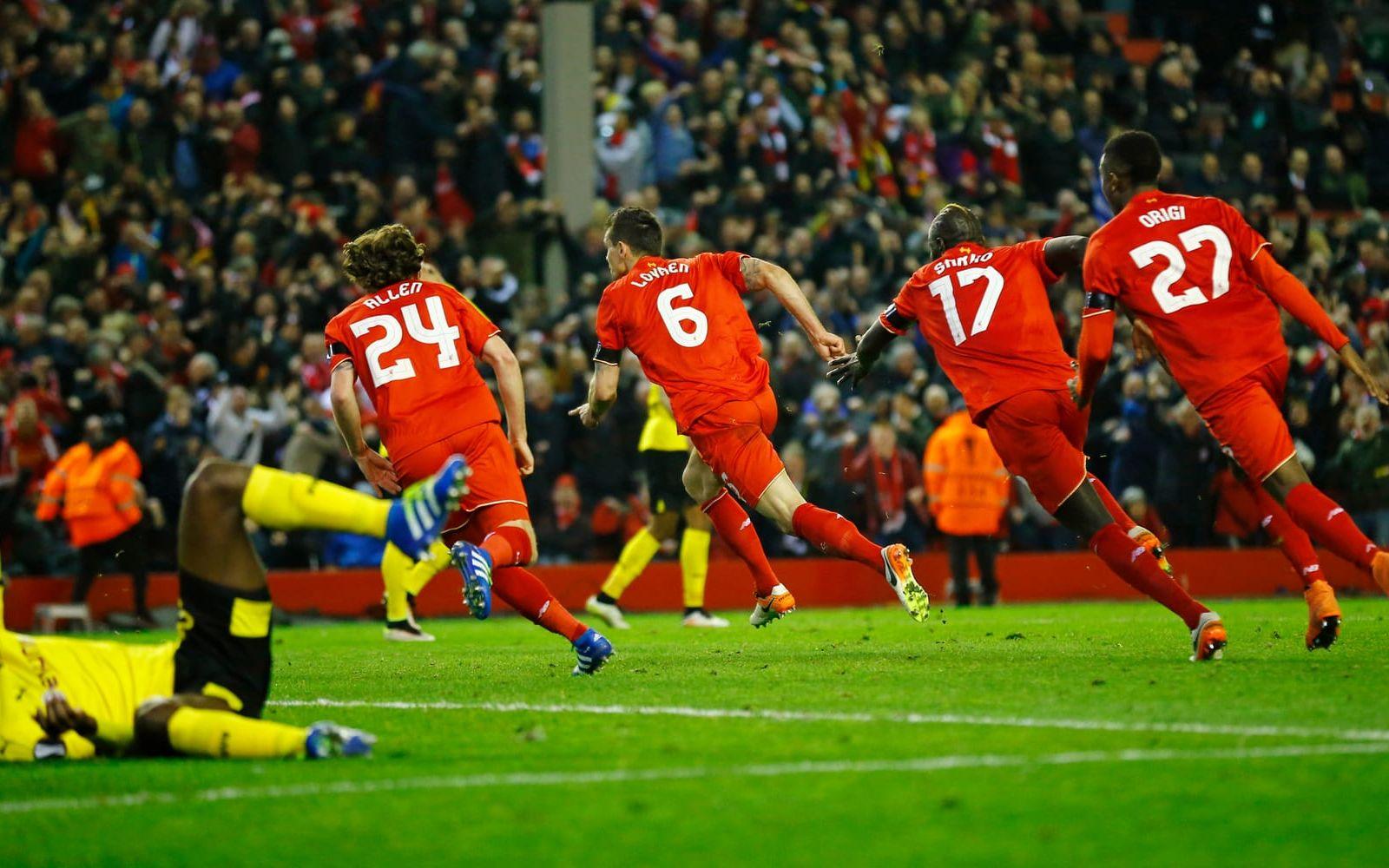 Men tre raka mål, inprickade av Philippe Coutinho, Mamadou Sakho och Dejan Lovren, såg till att Liverpool vann den dramatiska tillställningen med 4–3 (5–4 sammanlagt). Foto: Bildbyrån