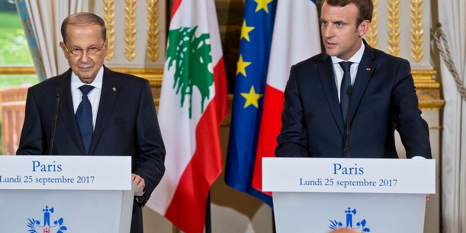 Den libanesiska presidenten Michel Aoun med sin franske kollega Emmanuel Macron.