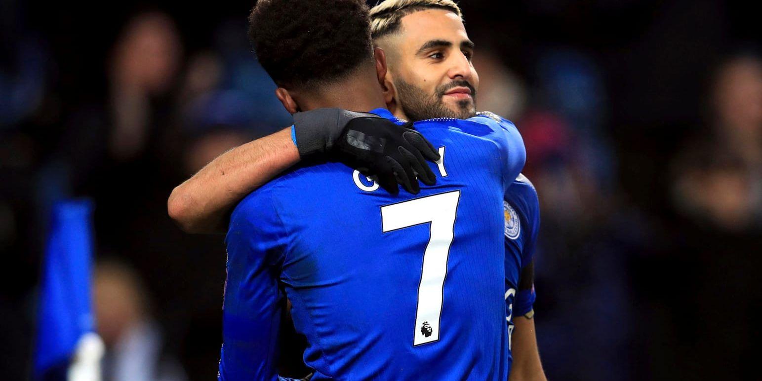 Riyad Mahrez, i blond frisyr, i sin senaste match för Leicester: 2–0-segern hemma mot Watford i Premier League den 20 januari då han gjorde ett mål. Arkivbild.