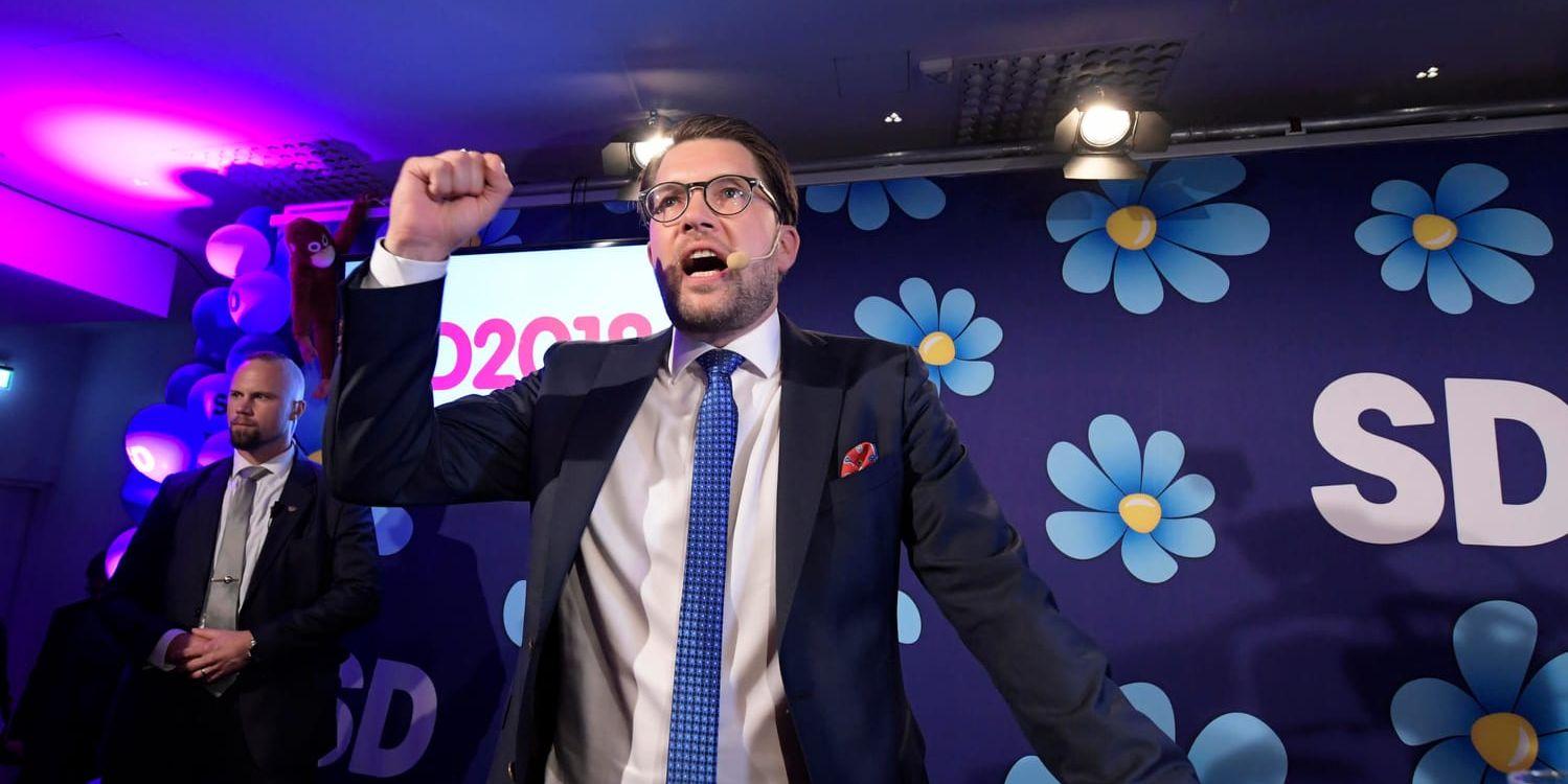 Sverigedemokraternas partiledare Jimmie Åkesson (SD) talar under Sverigedemokraternas valvaka tidigare i september. Arkivbild.