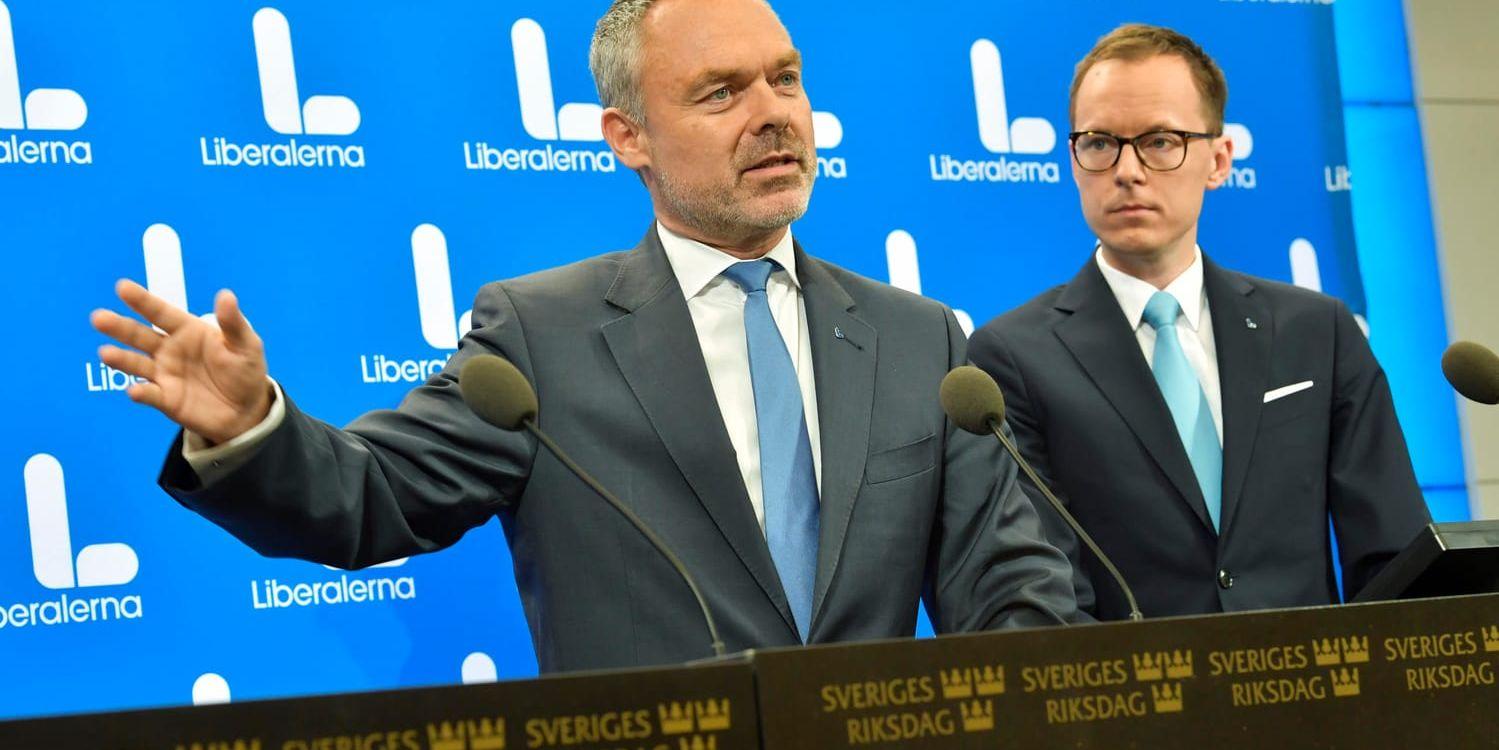 Liberalernas partiledare Jan Björklund och ekonomiskpolitiske talesperson Mats Persson presenterar sin budgetmotion under en pressträff i riksdagens presscenter.