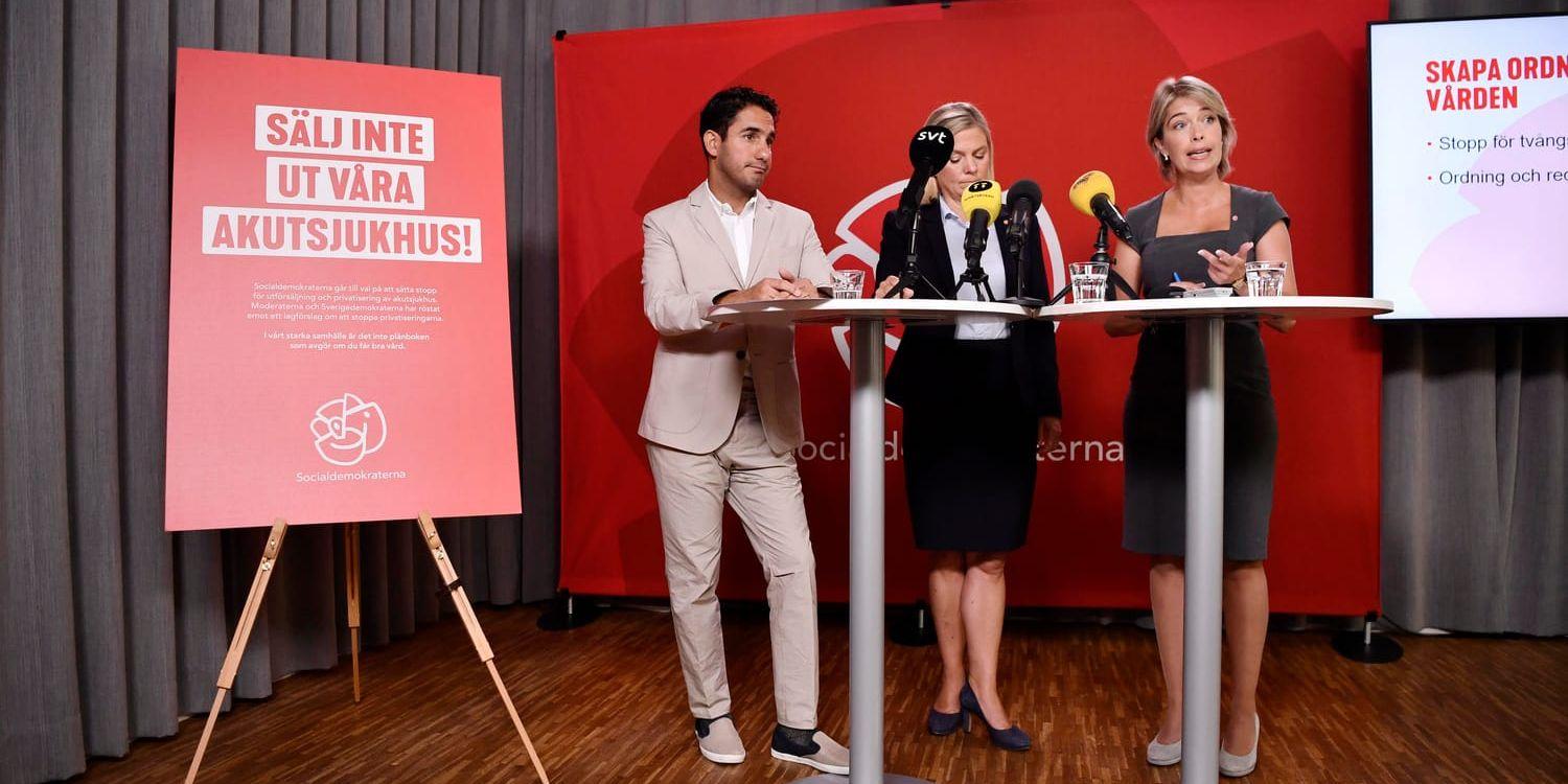 Civilminister Ardalan Shekarabi (S), Magdalena Andersson (S), socialminister Annika Strandhäll (S), presenterar förslag för att stoppa vinstjakten inom vården.