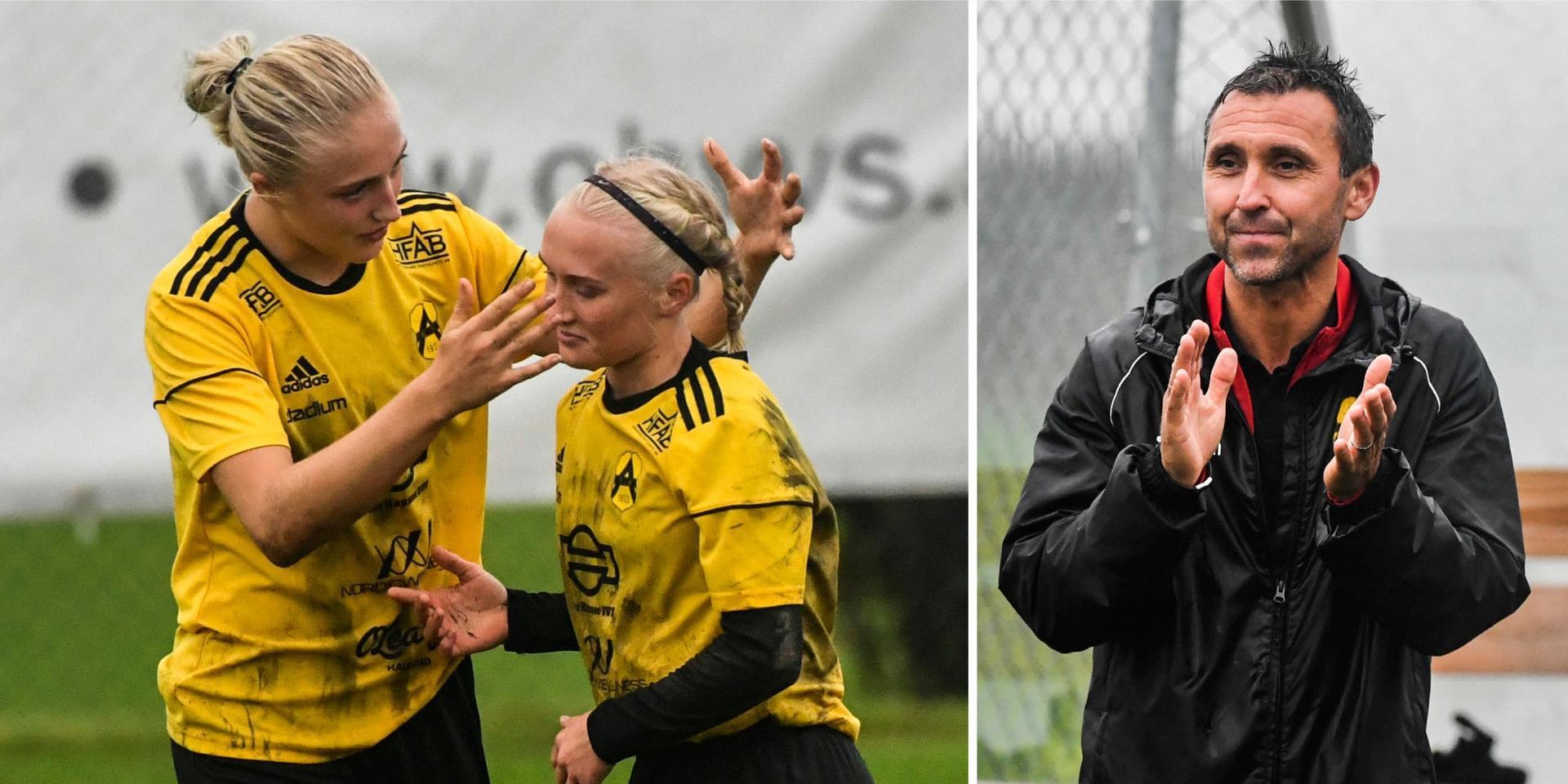 Wilma Leidhammar (till vänster) och Lovisa Brogren gratulerar varandra under seriefinalen mot Älmhult och tränaren Iztok Pristovnik applåderar. Nu verkar det som att alla tre profilerna stannar när Söndrumsklubben 2021 är tillbaka i division 1.