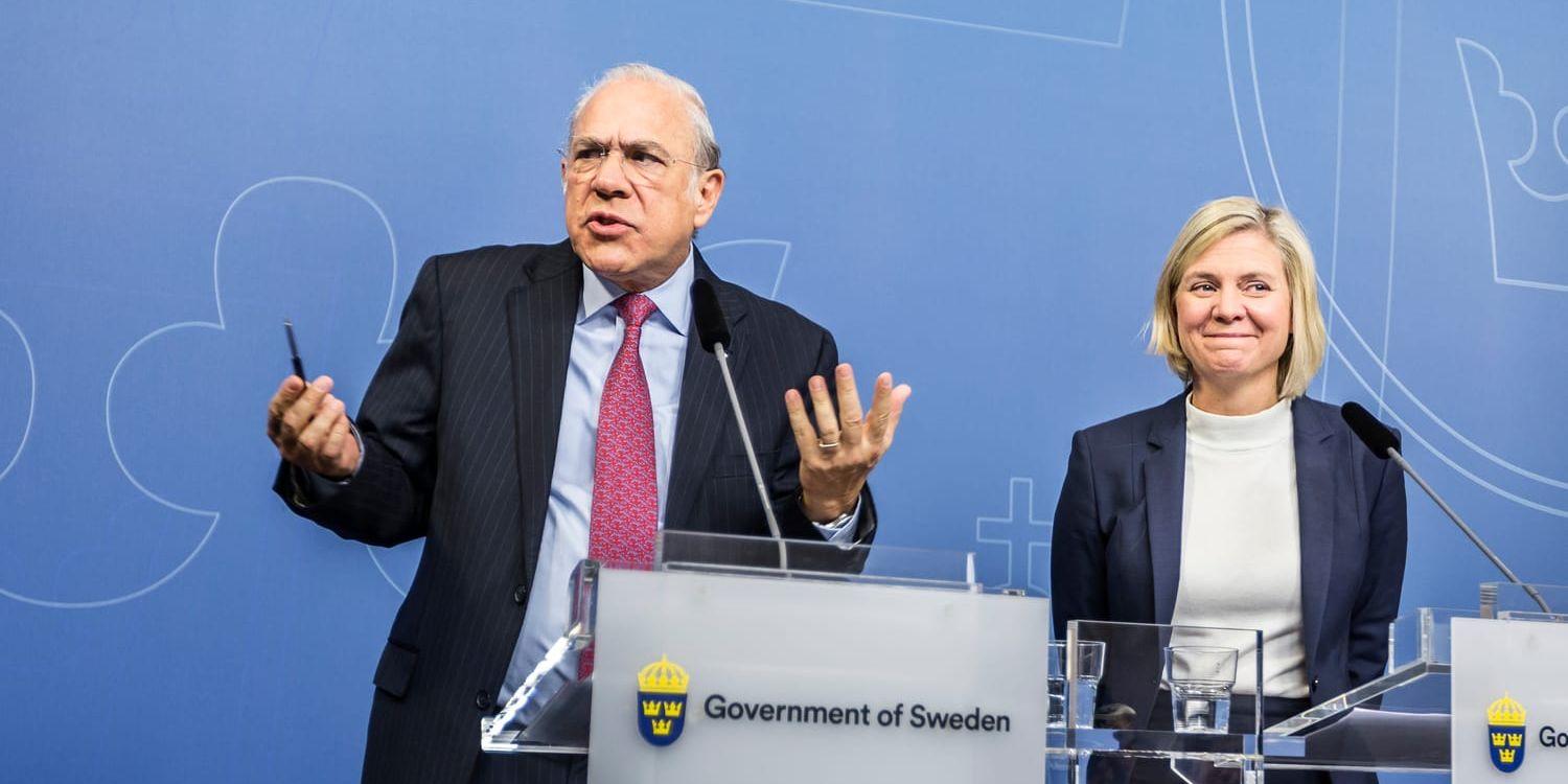 Brett leende. Finansminister Magdalena Andersson (S) gladdes över den positiva beskrivningen av svensk ekonomi som OECD:s Angel Gurría levererade i veckan.