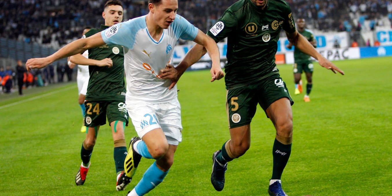 Florian Thauvins Marseille och Yunis Abdelhamids Reims är två av de franska Ligue 1-lagen som får helgens matcher uppskjutna. Arkivbild.