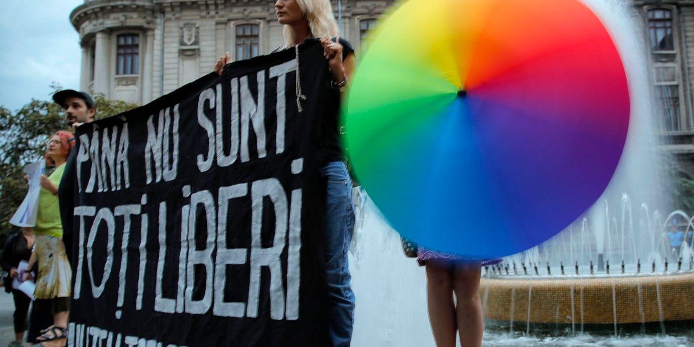 Aktivister i Rumäniens huvudstad Bukarest protesterar mot den nära förestående folkomröstningen om en föreslagen lagändring som gör det omöjligt för homosexuella par att gifta sig. Arkivbild.