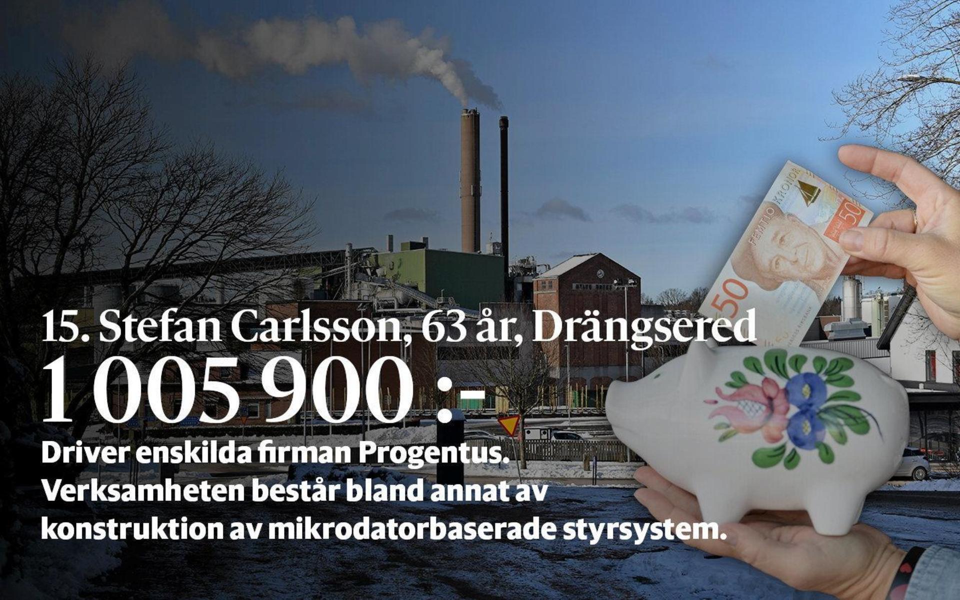 15. Stefan Carlsson driver enskilda firman Progentus vars verksamhet är konstruktion av mikrodatorbaserade styrsystem, annan konsultverksamhet och skogsbruk.