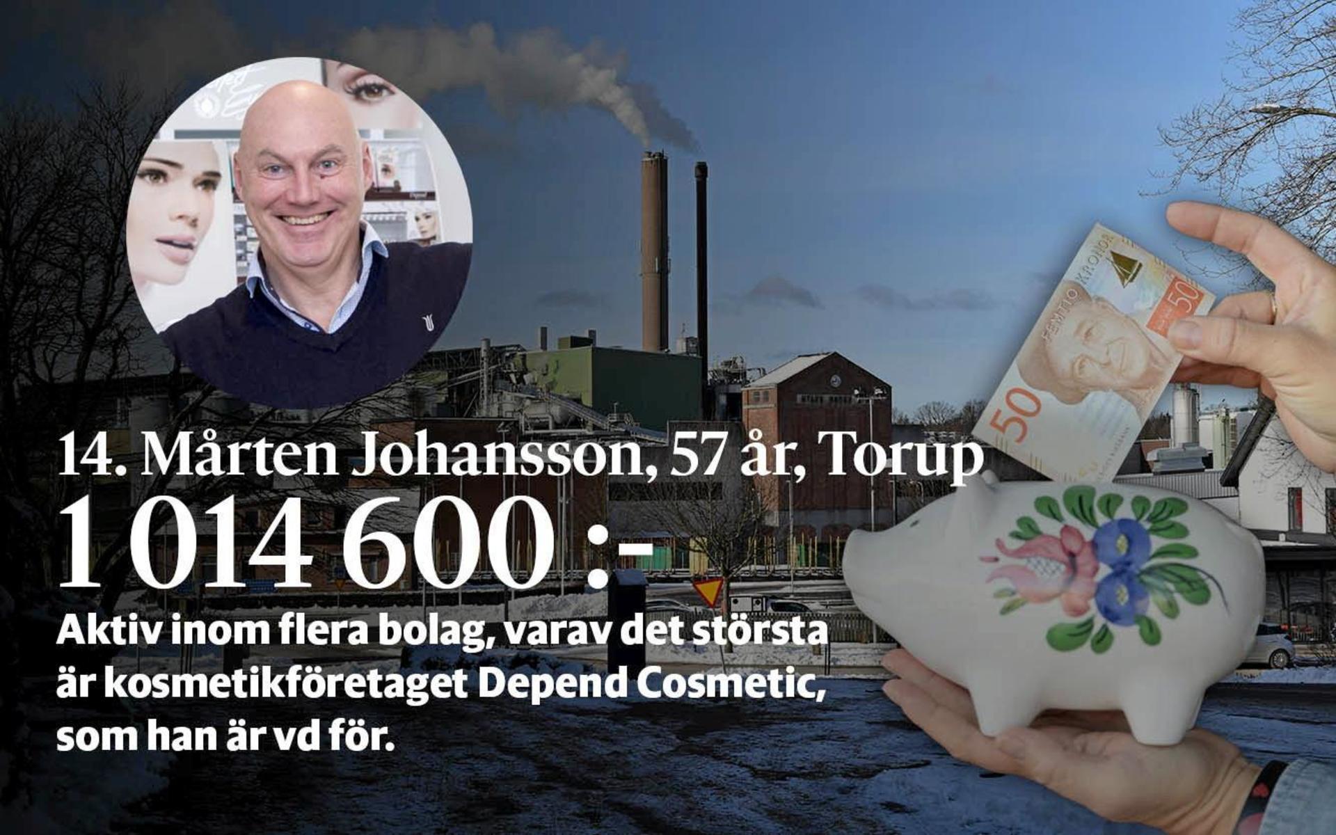 14. Mårten Johansson är aktiv inom flera bolag, varav det största är kosmetikföretaget Depend Cosmetic (som han tog över för 30 år sedan) och är vd för. Drev Torups gästgivaregård fram till 2016.