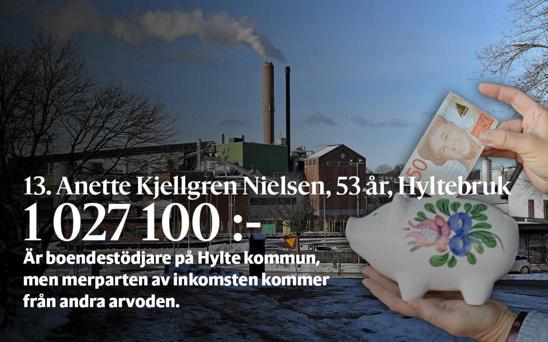 13. Anette Kjellgren Nielsen är boendestödjare på Hylte kommun, men får en stor del av sin inkomst från arvoden. ”Jag har andra uppdrag vid sidan av med arvoden”, berättade Anette för HP i fjol utan att gå in på detaljer.