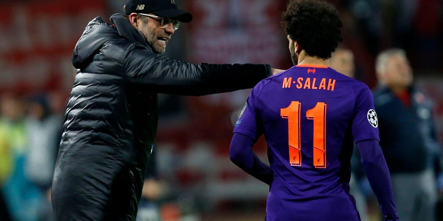Liverpools tränare Jürgen Klopp och stjärna Mohamed Salah måste få till det mot Napoli om det ska bli mer spel i Champions League. Arkivbild.