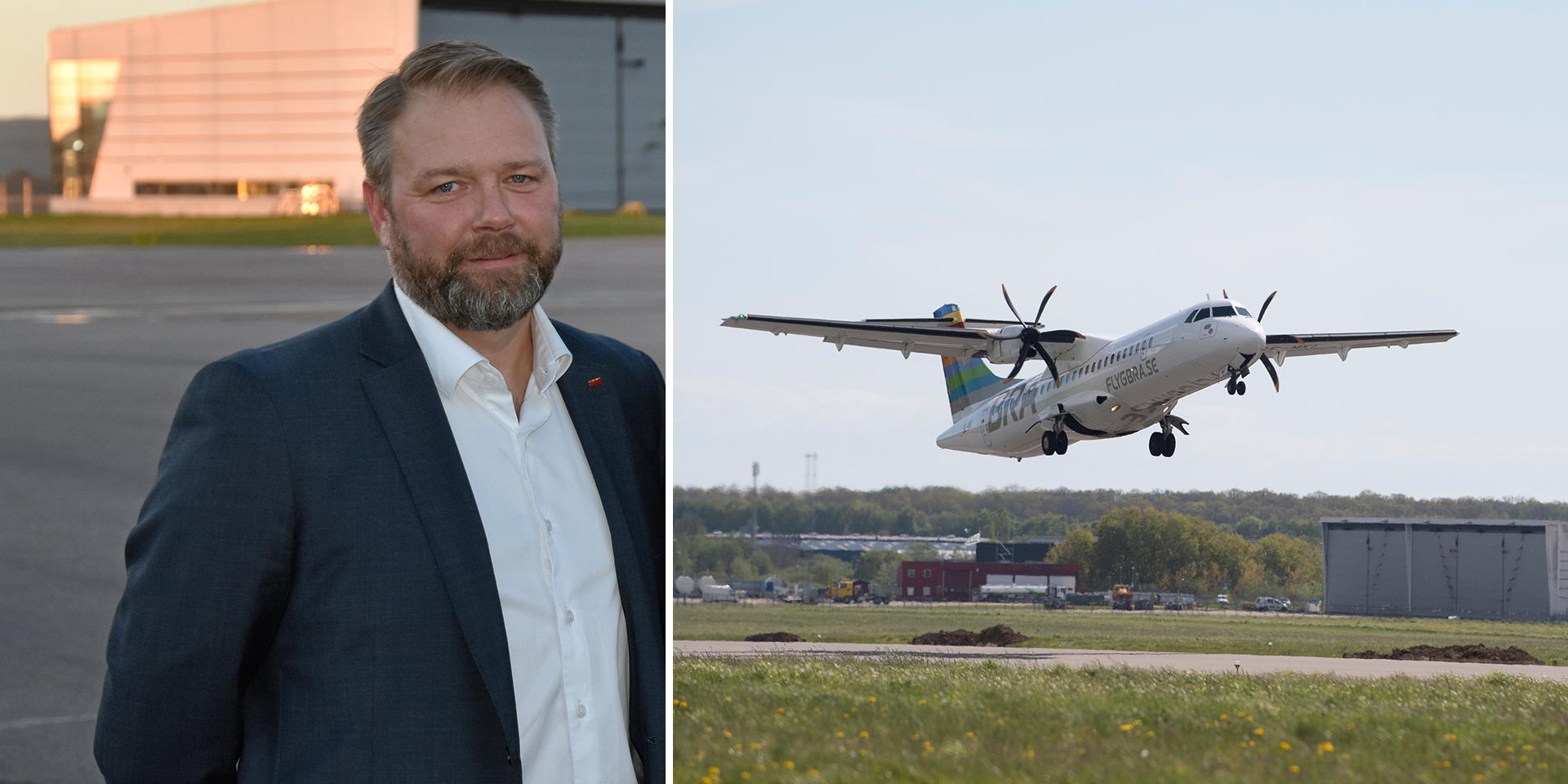 Magnus Edman, flygplatschef, berättar att Halmstad City Airport övergår till en beredskapsflygplats när Bra pausar sin trafik mellan Halmstad och Bromma.