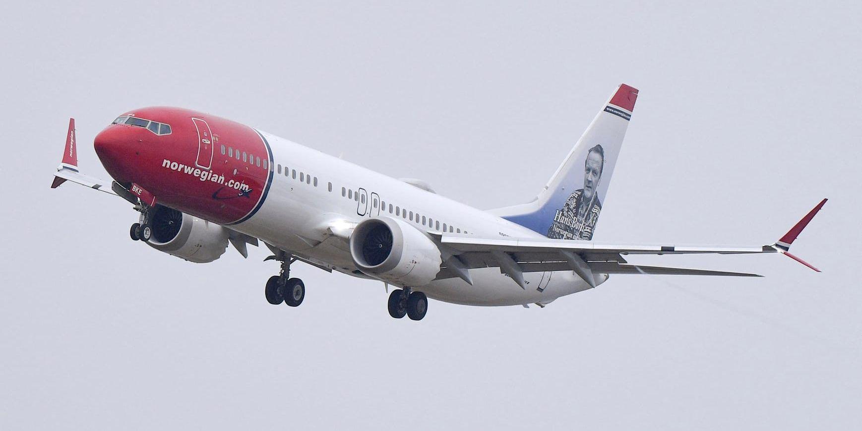 En Boeing 737 Max 8 tillhörande flygbolaget Norwegian på inflygning. Arkivbild.