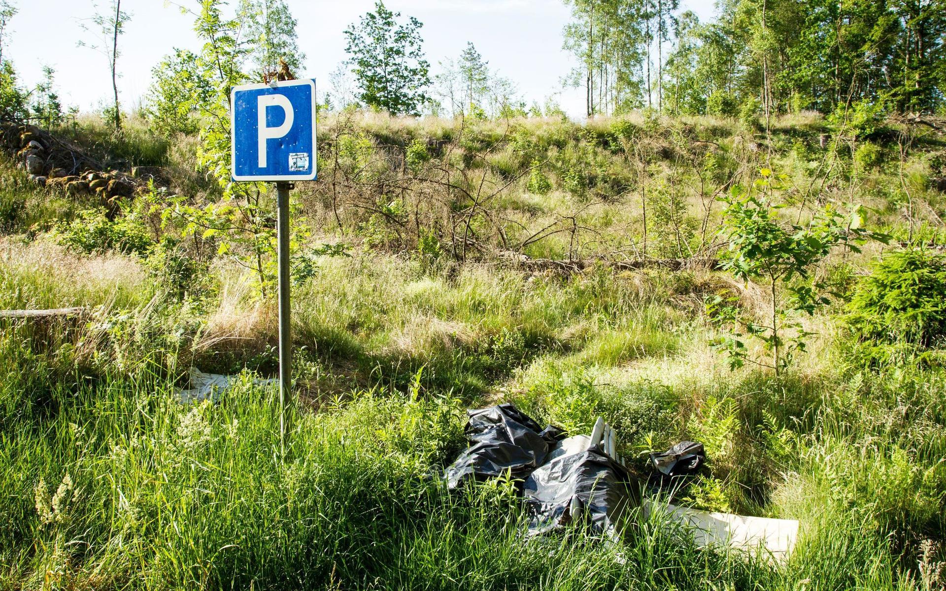 Vid parkeringen till Sjöboholms sätesgård sticker fram delar till ett grått eternittak som dumpats på Sveaskogs marker. 