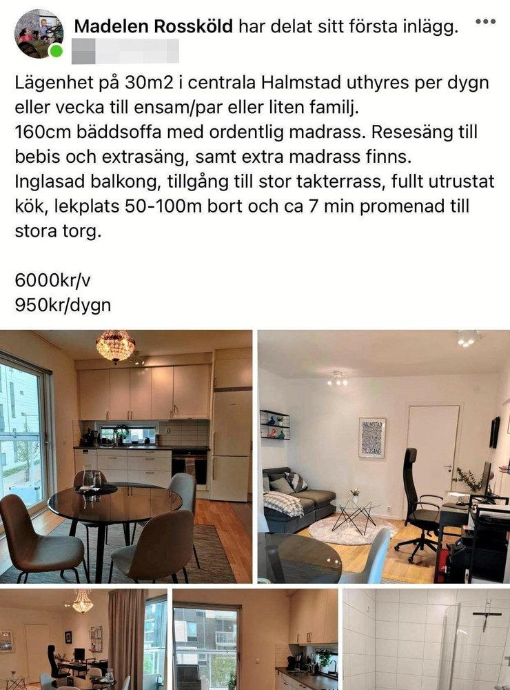 I annonsen där paret Rosskölds bostadsrätt hyrdes ut kunde man läsa att det kostar 950 kronor natten eller 6 000 kronor i veckan för den som är intresserad av ett centrumnära boende.