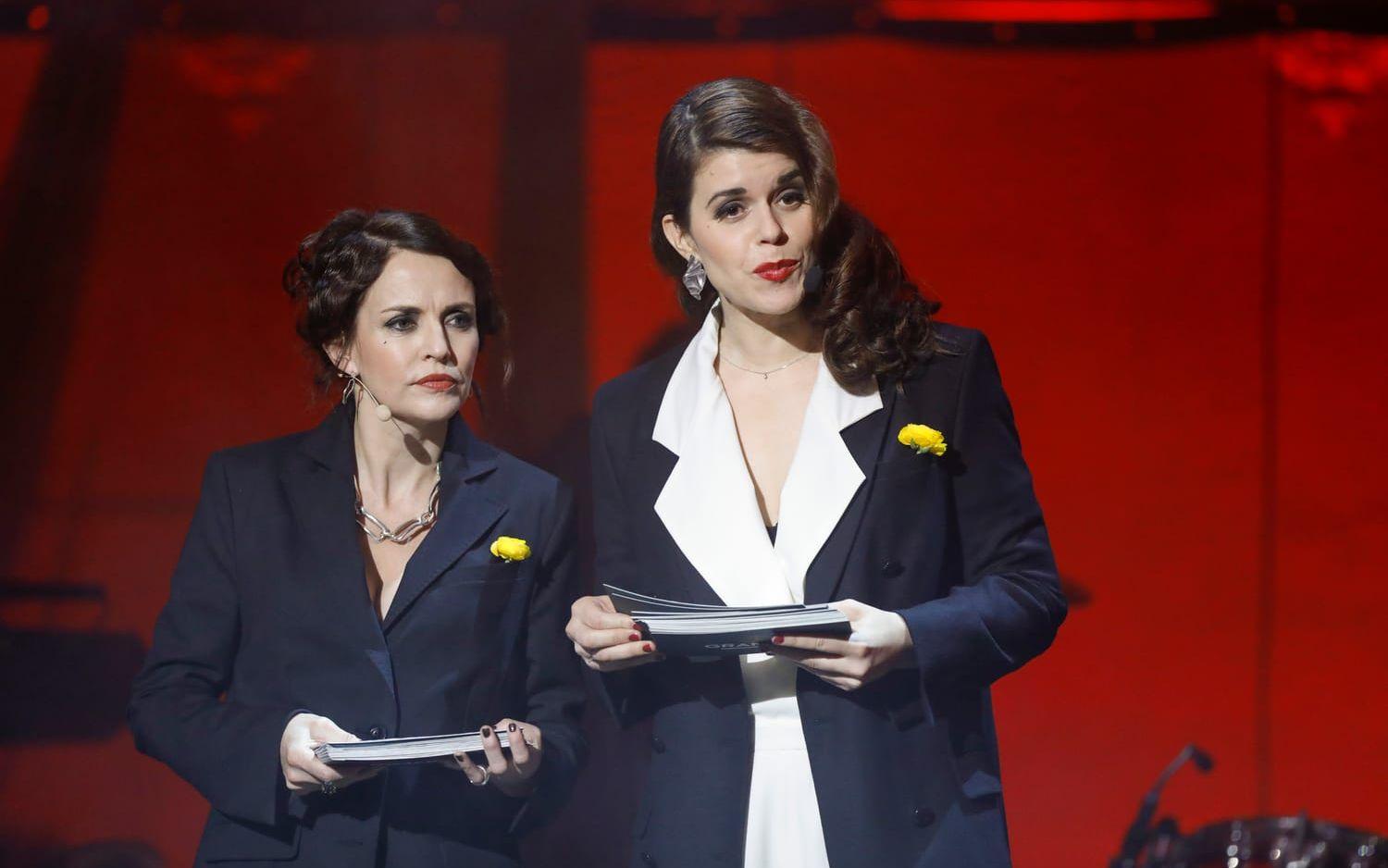 Skådespelarna Amanda Ooms och Emma Molin , värdar för Grammisgalan 2018.
