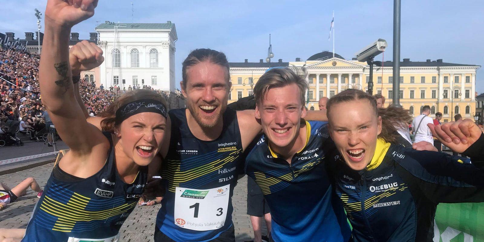 Sveriges segrande sprintstafett lag i Helsingfors (från vänster): Karolin Ohlsson, Gustav Bergman, Emil Svensk, Tove Alexandersson.