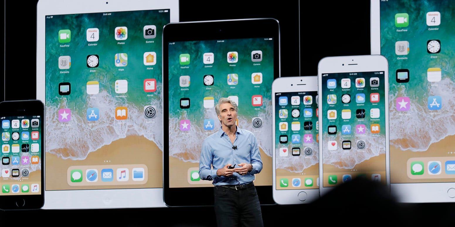 Craig Federighi, Apples vice vd för mjukvaruutveckling, talade vid Apple Worldwide Developers Conference i San Jose även 2018. Arkivbild.