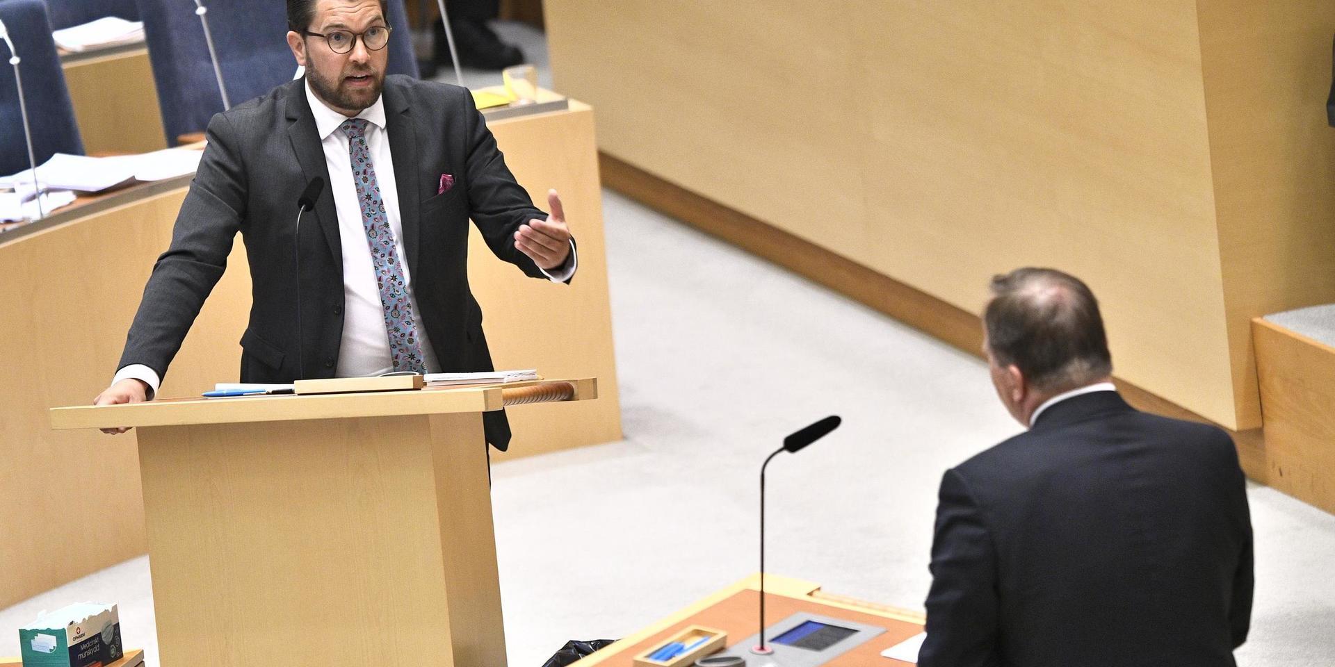 Sverigedemokraternas partiledare Jimmie Åkesson (SD) och Socialdemokraternas partiledare Stefan Löfven (S) under en partiledardebatt i riksdagen.