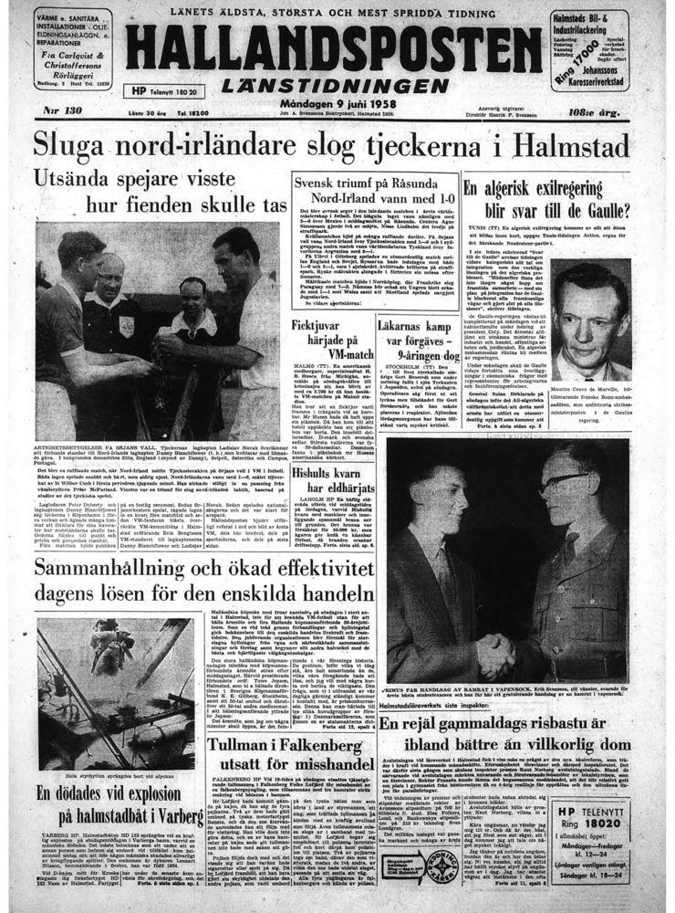 HP:s förstasida den 9 juni 1958. Rubriken lyder ”Sluga nord-irländare slog tjeckerna i Halmstad.”