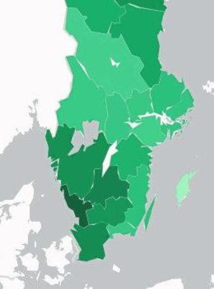 Kartan visar smittläget i Sverige, där Halland fortsätter sticka ut och ha högst andel nya fall i förhållande till befolkning. Under vecka 5 hade Halland 314 fall per 100 000 invånare.