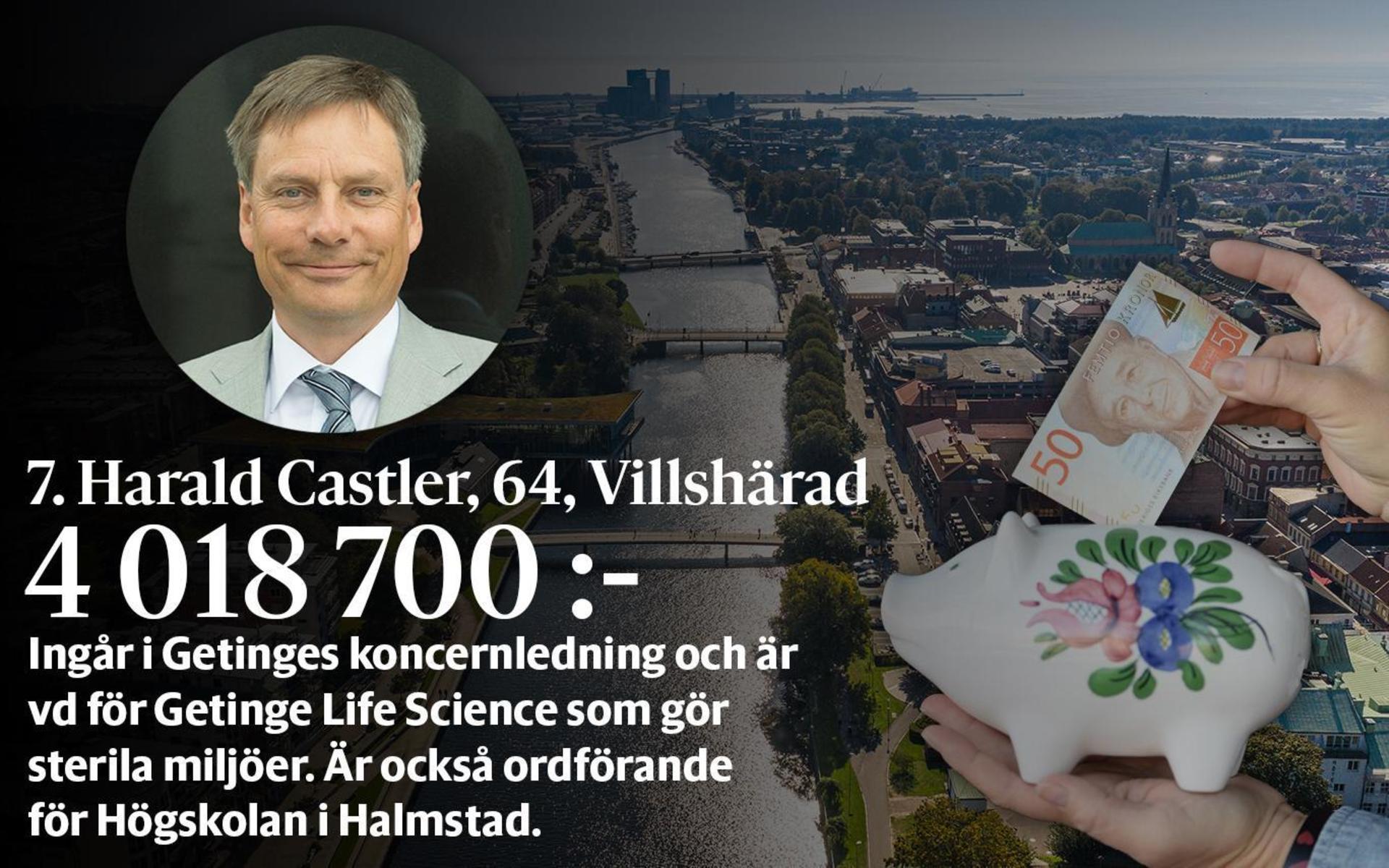 7. Harald Castler, fastställd förvärvsinkomst på 4 018 700 kronor placerar honom på plats 65 i den totala inkomstligan i Halmstad där inkomst av kapital också räknas med.