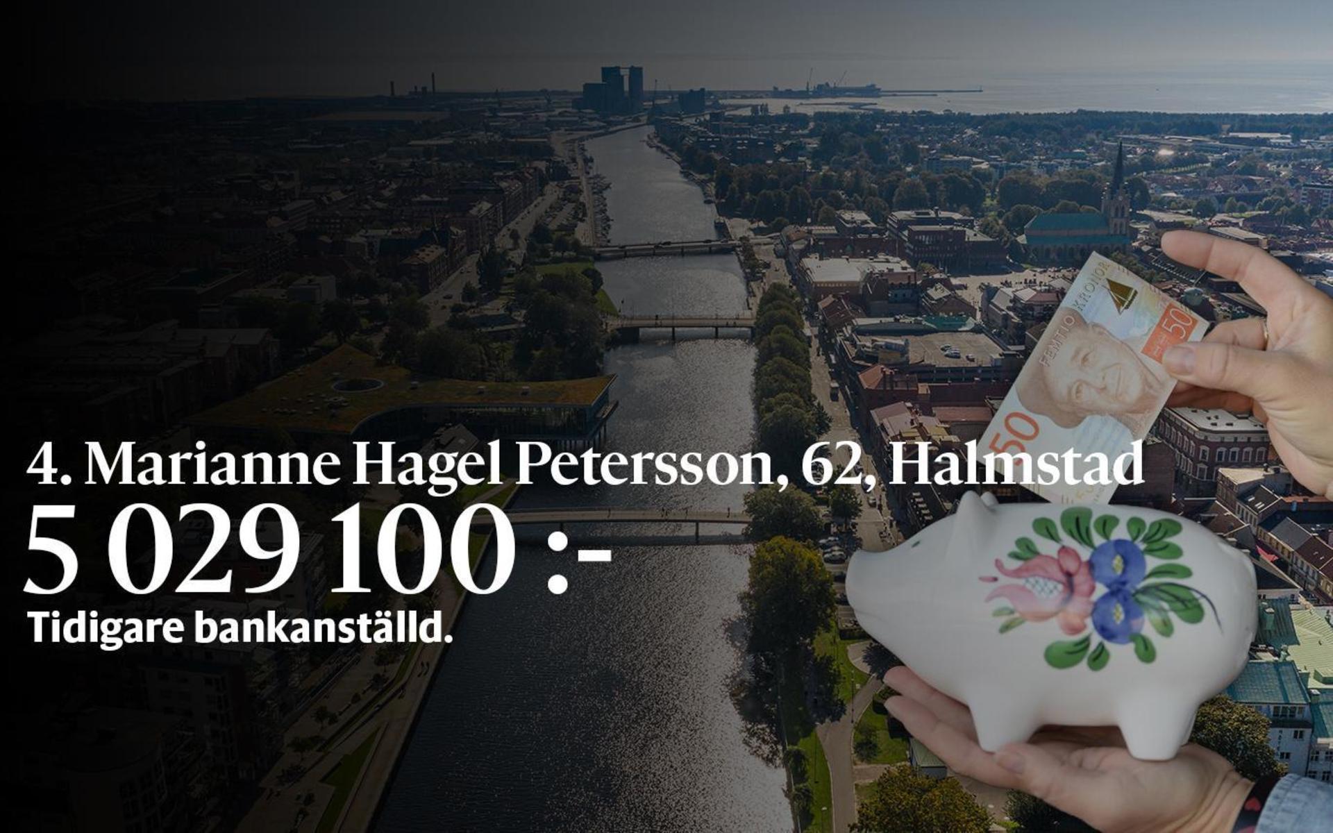 4. Marianne Hagel Petersson, fastställd förvärvsinkomst på 5 029 100 kronor och inkomst av kapital på 12 118 kronor placerar henne på plats 48 i den totala inkomstligan i Halmstad.