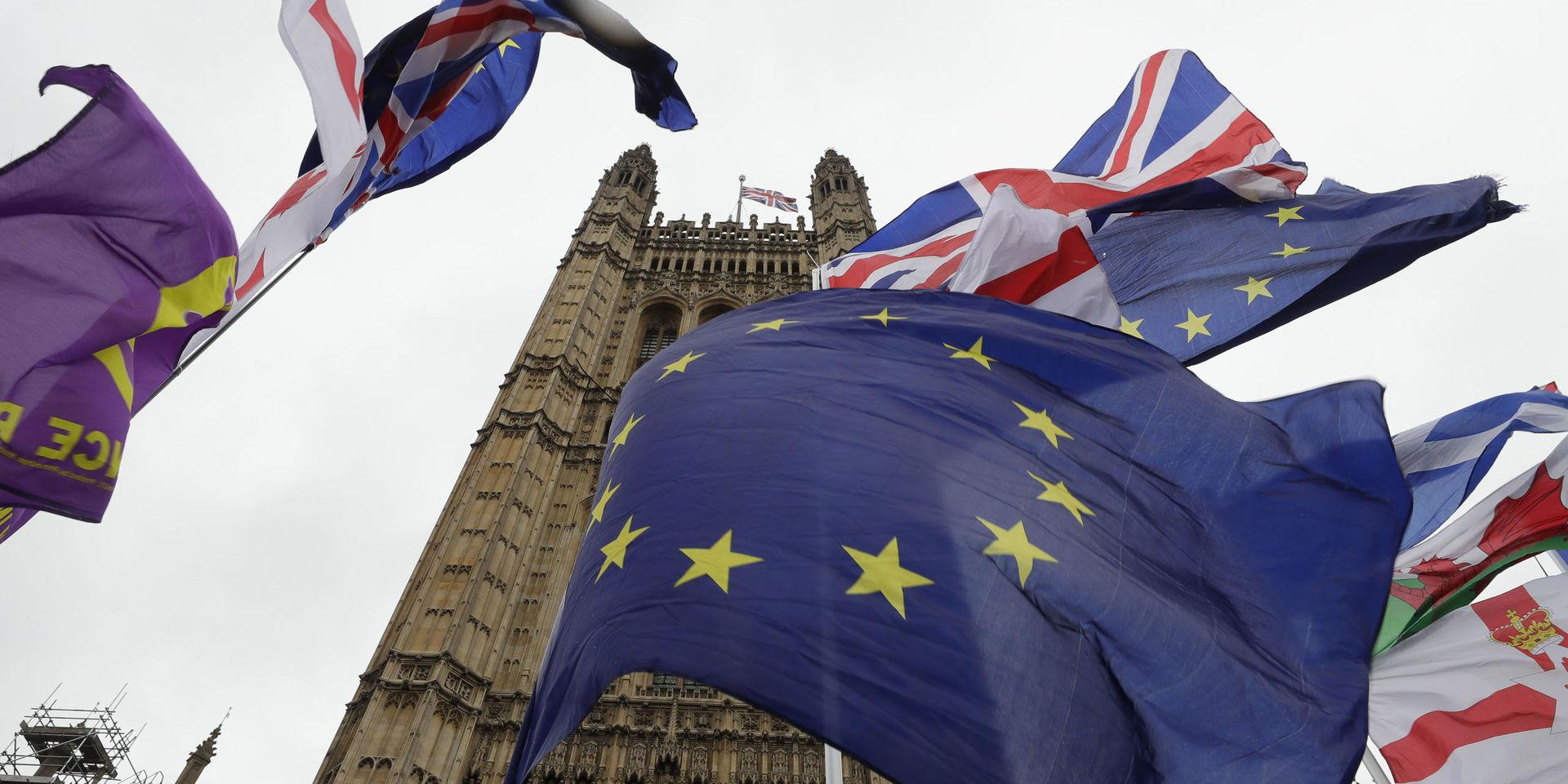 Brittiska flaggor och EU-flaggor kämpar om utrymmet utanför det brittiska parlamentet i London.