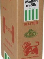 Den återkallade mjölken förvaras i denna typ av 10-liters bag-in-box-förpackningar. Foto: Arla Sverige.