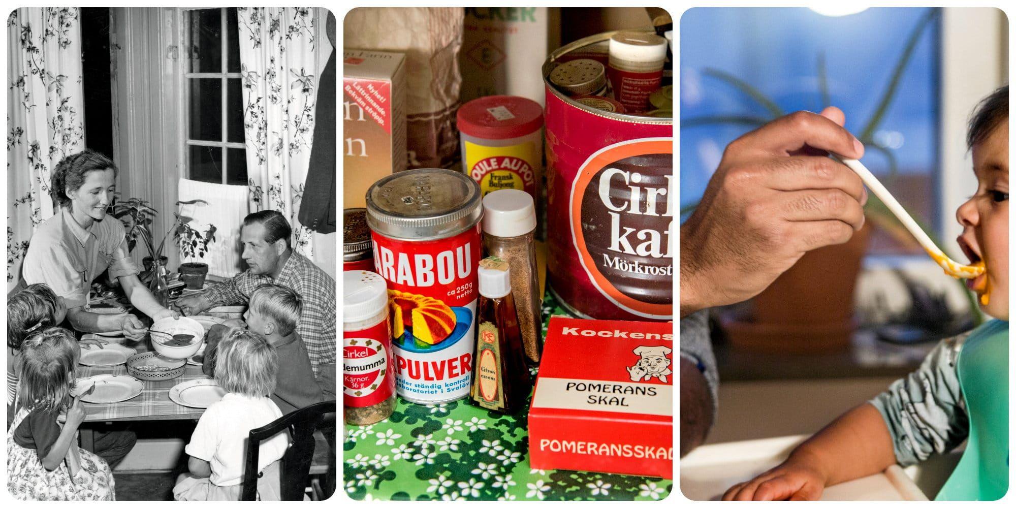 Familj vid matbordet 1953, matvaror från slutet av 1960-talet på en bild från en museilägenhet samt en pappa som matar sitt barn. Skribenten föreslår att en av föräldrarna kan stanna hemma medan den andra jobbar eller att man delar på det.